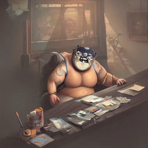 Prompt: a insanely detailed painting of a chubby masked asian man wearing a costume sitting at a desk, staring at the nervously at the computer typing, in the style of peter mohrbacher, dramatic lighting and composition, trending on artstation, concept art, comic book