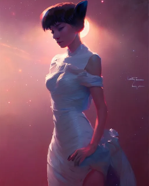 Image similar to a potrait of a space fanstasy cat, fine details. night setting. realistic shaded lighting poster by ilya kuvshinov katsuhiro, artgerm, jeremy lipkin and michael garmash, unreal engine, radiant light, detailed and intricate environment, digital art, trending on art station