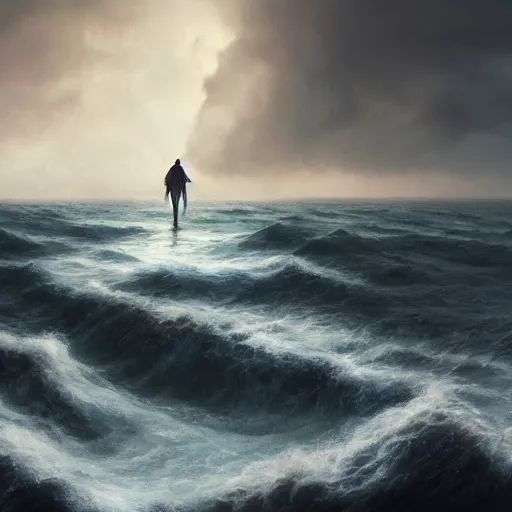 Image similar to concept art, facing the back of a womand standing alone in the middle of a sea storm, thunderstom, rain, medieval, dark concept art, dark skies painting by wlop, nixeu and greg rutkowski, beautiful, semirealism, artstation, octane render, oil painting, sharpness, 8 k, golden ratio