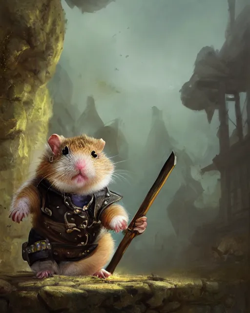 Prompt: oil painting of anthropomorphized hamster holding pickaxe, steampunk clothes, close shot, full body, dark steampunk mine shaft background, sharp focus, fantasy style, octane render, volumetric lighting, 8k high definition, by greg rutkowski, highly detailed, trending on art Station, dungeons and dragons artwork, centered