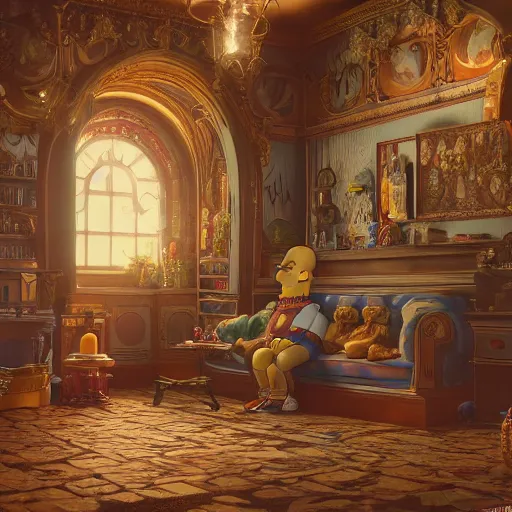 Prompt: homer simpson, fairy tale, stunning, surrounding cinematic light, hyper detailed, ornate and intricate, 4 k cinematic octane render