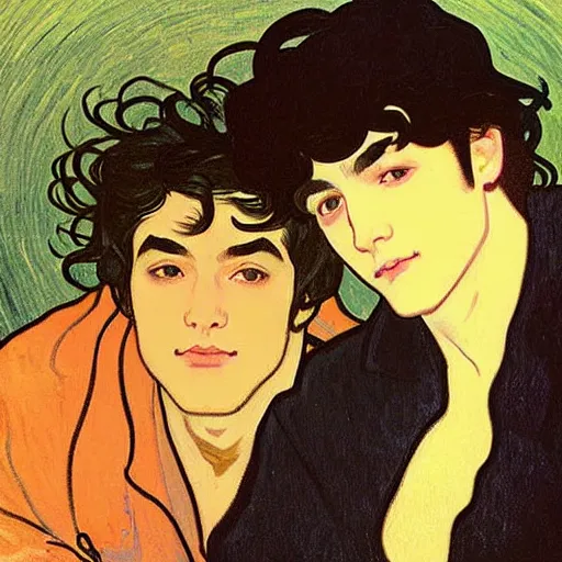 Prompt: painting of young cute handsome beautiful dark medium wavy hair man in his 2 0 s named shadow taehyung and cute handsome beautiful min - jun together at the halloween! party, bubbling cauldron!, candles!, smoke, autumn! colors, elegant, wearing suits!, clothes!, delicate facial features, art by alphonse mucha, vincent van gogh, egon schiele