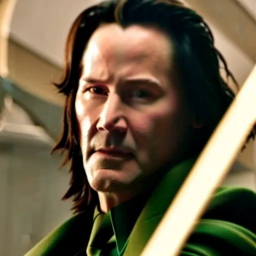 Image similar to film still of Keanu Reeves as Loki holding scepter in Avengers Endgame