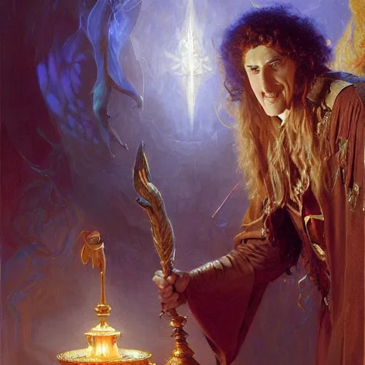 Prompt: weird al as a wizard casting a spell, highly detailed painting by gaston bussiere, craig mullins, j. c. leyendecker, 8 k