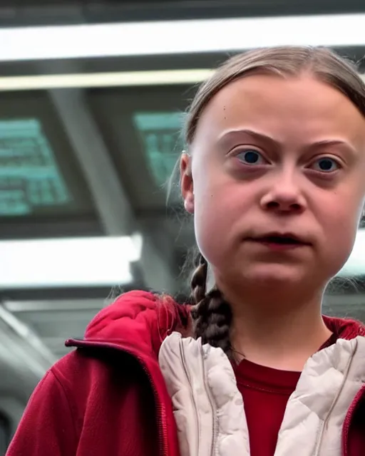 Prompt: film still close - up shot of greta thunberg giving a speech in a train station full of raw meat. photographic, photography