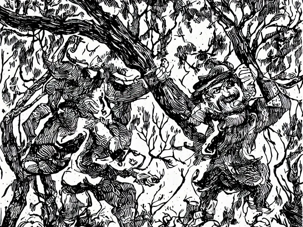 Prompt: illustration by mcbess, black and white inks, silk - print, lumberjack hitting a tree with angry face with a guitar