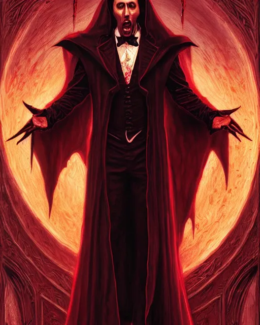 Image similar to nicolas cage as dracula, demonic, highly detailed, centered, artstation, concept art, smooth, sharp focus, illustration, bokeh art by artgerm and donato giancola and joseph christian leyendecker