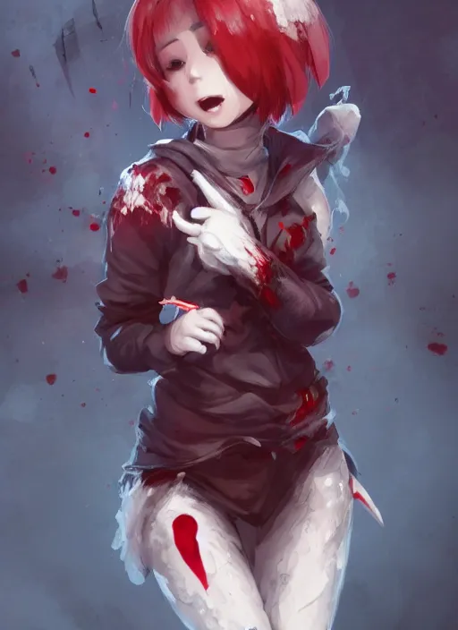 Image similar to a highly detailed illustration of short hair cute japanese girl wearing blood stained hoodie and bandages on legs, dramatic sadistic smile pose, intricate, elegant, highly detailed, centered, digital painting, artstation, concept art, smooth, sharp focus, league of legends concept art, WLOP