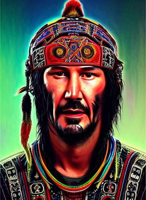 Image similar to portrait of keanu reeves, hyper detailed ultra sharp aztec shaman warrior. trending on artstation, warpaint aesthetic, bloodwave, colorful, psychedelic, ornate, intricate, digital painting, concept art, smooth, sharp focus, illustration, art by artgerm and greg rutkowski and h. r. giger, 8 k