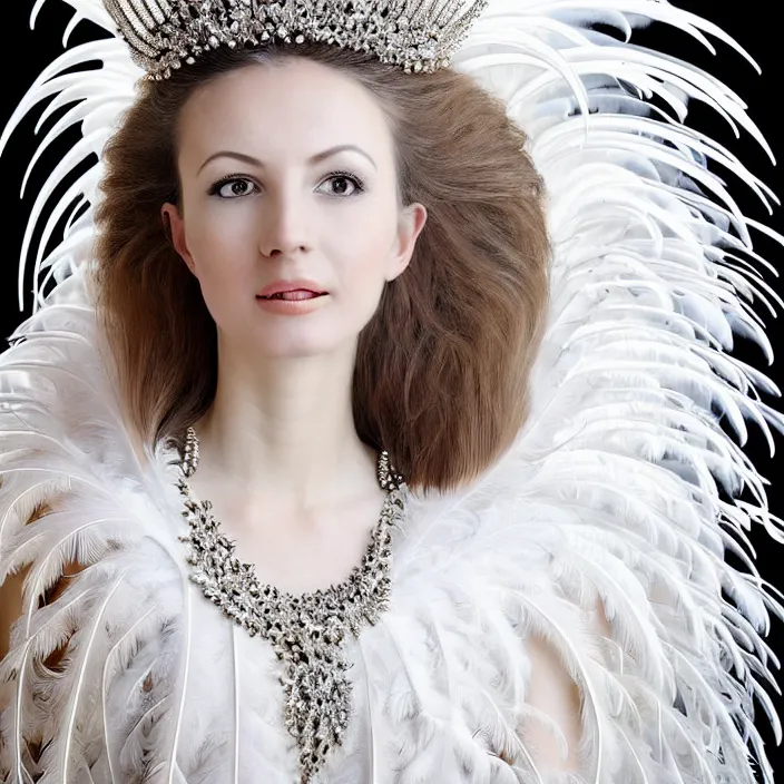 Prompt: photo portrait of a beautiful woman like a queen-feathers-angel, dressed in long elegant intricate ornamental roots white dress, natural skin tone, intricate mandelbrot fractal highly detailed feathers ornament in the upper side of breast, bust with a very long neck , hair are wired feathers, elegant, highly detailed intricate feathers ornament in her long hair, Realistic, Refined, Highly Detailed, natural outfoor lighting colors scheme, fine art photography by Lindsay Adler, volumetric lighting, hyper realistic photography, 8k
