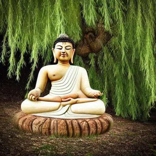 Image similar to “ cute buddha - like pig meditating on top of a large mushroom, large willow tree in the background. ”