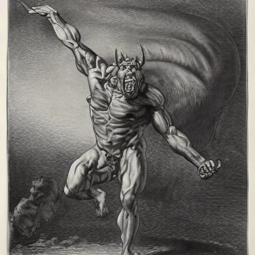 Image similar to full body grayscale drawing by Gustave Dore of muscled horned humanoid beast in heroic pose, swirling flames in background