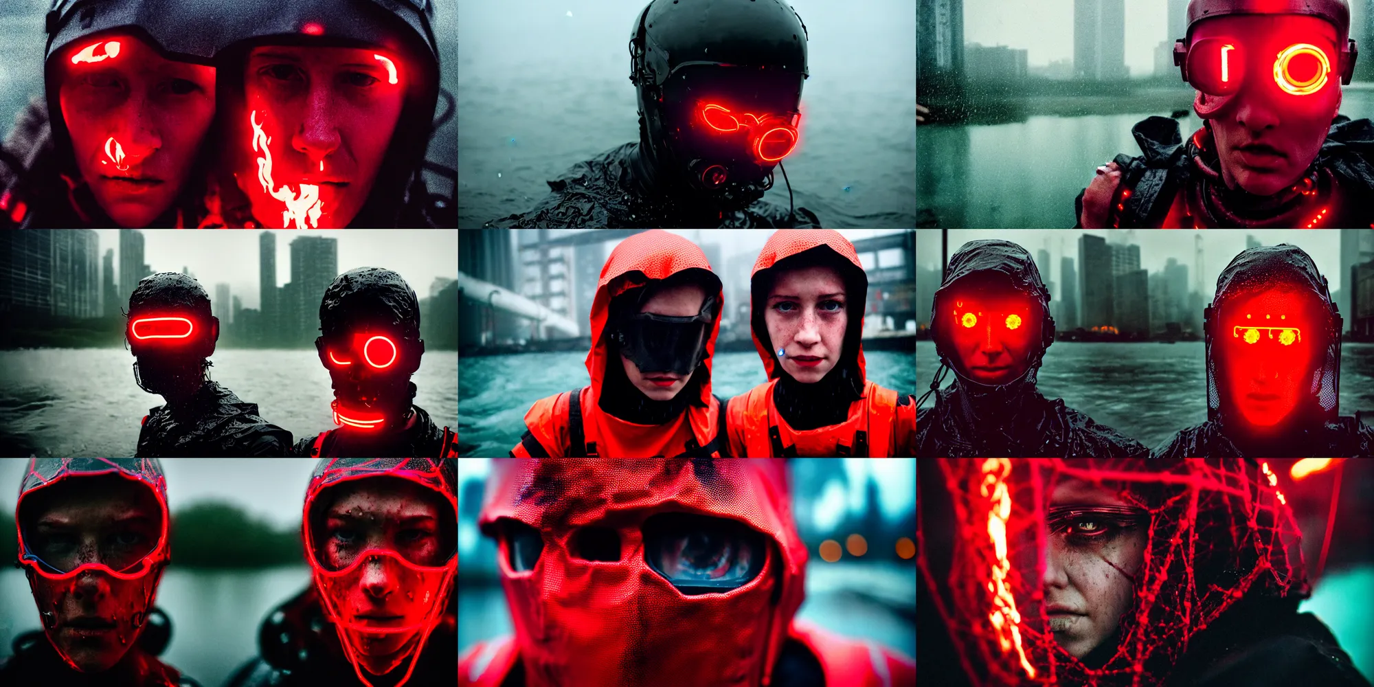 Prompt: cinestill 5 0 d candid photographic portrait by helen levitt of a evil looking cyborg wearing rugged neon red mesh techwear in treacherous waters, extreme closeup, modern cyberpunk moody depressing cinematic, pouring rain, fire in the background, 8 k, hd, high resolution, 3 5 mm, f / 3 2, ultra realistic faces, ex machina