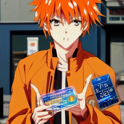 Image similar to orange - haired anime boy, 1 7 - year - old anime boy with wild spiky hair, wearing blue jacket, holding magical technological card, magic card, in front of ramen shop, strong lighting, strong shadows, vivid hues, raytracing, sharp details, subsurface scattering, intricate details, hd anime, high - budget anime movie, 2 0 2 1 anime