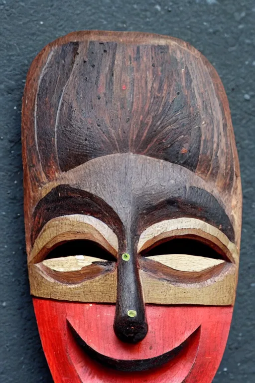 Image similar to a flat carved wooden elf mask face, brightly coloured, highly detailed, vintage folk art, colour photograph