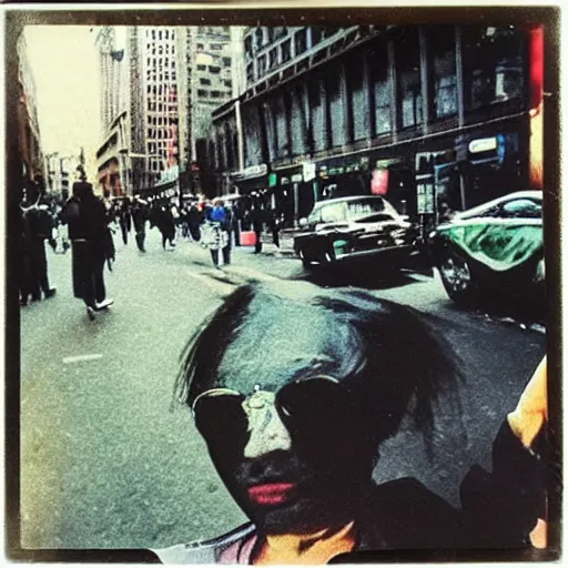 Image similar to low - angle go - pro view, very low - angle, ant's eye view, messy photo of walking in the busy street, polaroid photo, by andy warhol