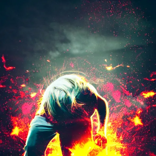 Image similar to man hitting the ground creating a explosion, anime, album cover, musical notes