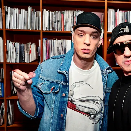 Prompt: Eminem with Sylvester Stallone in a library, Sigma 24 mm f/8, 1/10 s shutter speed