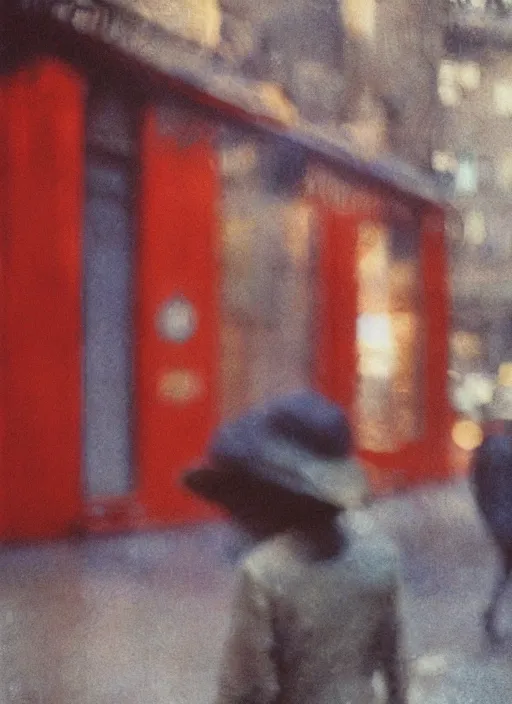 Prompt: blurry, street photography by saul leiter, frames, red, pale
