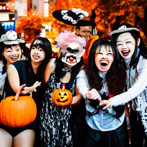 Prompt: group of people having fun on Halloween in Shibuya, amateur film photographer