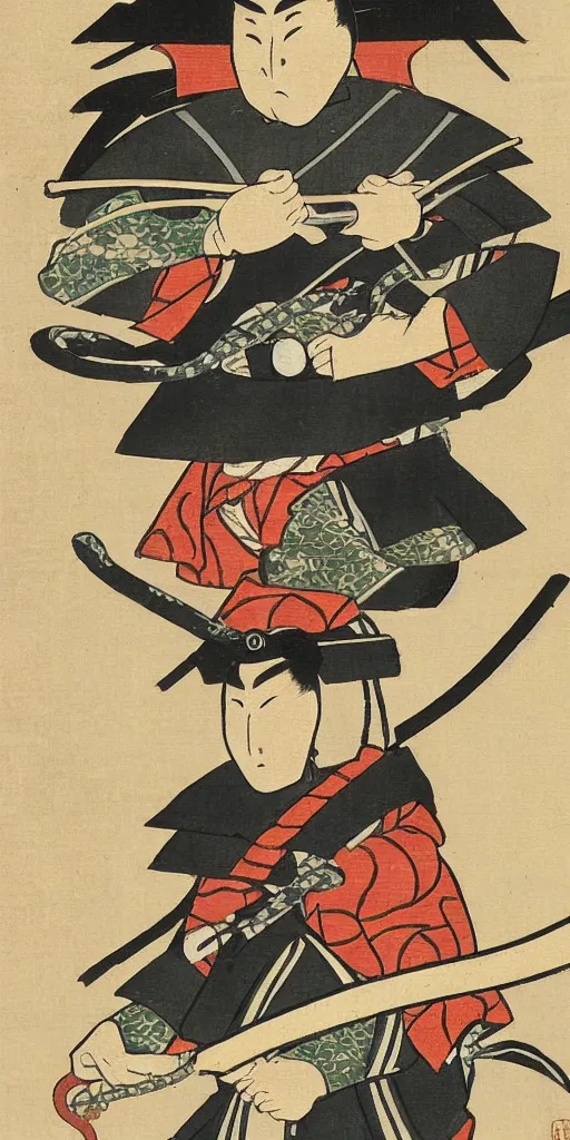 Image similar to japanese woodblock style painting of a samurai with a snake head