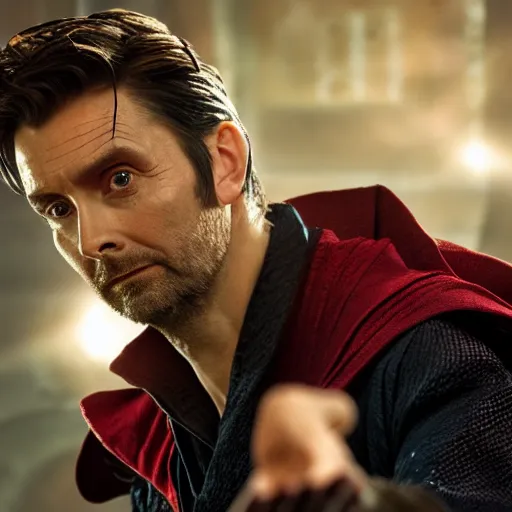 Image similar to David Tennant as Dr. Strange, professional photography, 8k, marvel, detailed