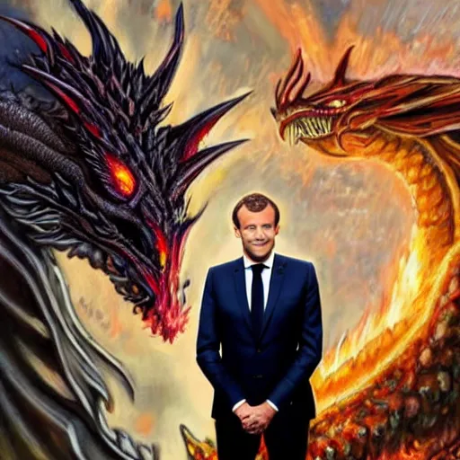 Prompt: portrait of Emmanuel Macron in fantasy armor behind him a dragon breathes fire, realistic, detailed, cinematic light, art of D&D