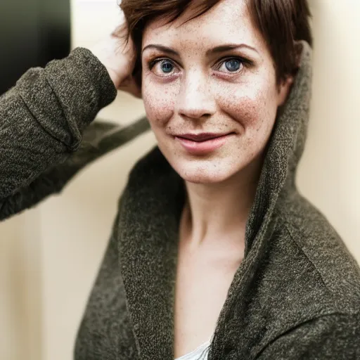 Image similar to 3 1 year old woman, short brown hair, freckles, green eyes, grey sweatshirt, rococo, elegant