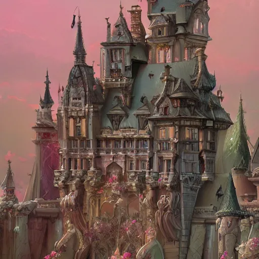 Image similar to a beautiful exquisite ornate details future castle on pinky clound, heaven, soft light, fantasy，James Jean, realistic, as trending on artstation, 8k,
