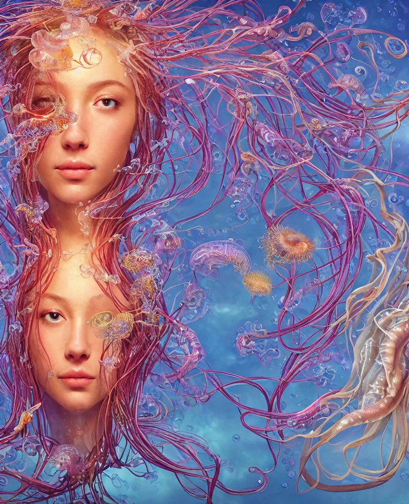 Image similar to close-up portrait of the face of a beautiful princess, surrounded by intricate twisted flowers orchid jellyfish and energy flow, water and plasma flow splashes, epic angle and pose, symmetrical artwork, 3d with depth of field, blurred background, floating jellyfish skull phoenix bird, translucent, nautilus, energy flows of water and fire. a highly detailed epic cinematic concept art CG render. made in Maya, Blender and Photoshop, octane render, excellent composition, cinematic dystopian brutalist atmosphere, dynamic dramatic cinematic lighting, aesthetic, very inspirational, arthouse. y Greg Rutkowski, Ilya Kuvshinov, WLOP, Stanley Artgerm Lau, Ruan Jia and Fenghua Zhong