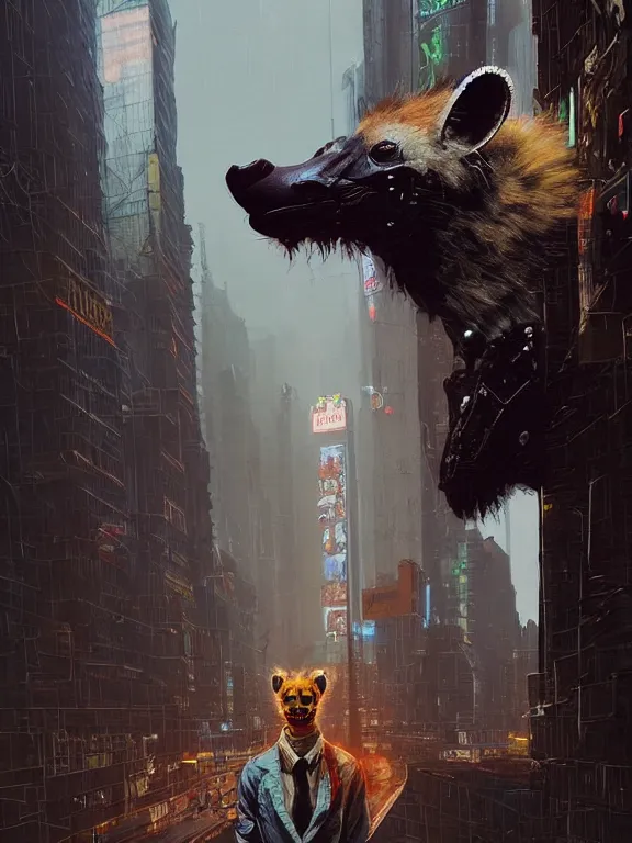 Image similar to new york city portrait of furry anthro anthropomorphic spotted hyena head animal person fursona wearing clothes strange cybernetic muzzle gloomy rainy screenshot from the video game cyberpunk 2077 digital art by Greg Rutkowski, Simon Stalenhag, christopher nolan trending on Artstation, CGSociety