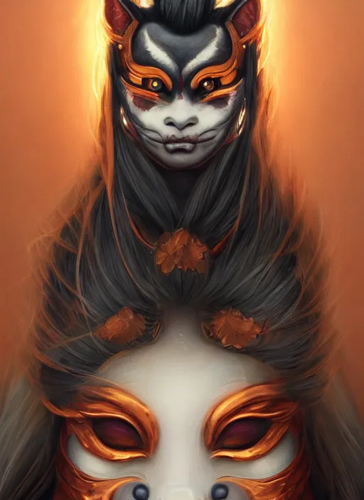 Image similar to a beautiful detailed oil on copper art illustration of a japanese oni kitsune mask devil woman, the mask is broken, centered, by charlie bowater, zeng fanzh, trending on artstation, dim dusk lighting, cinematic lighting, detailed lighting, volumetric lighting, realistic, f 8, 4 k hd wallpaper