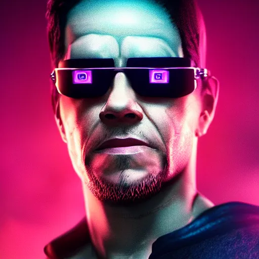 Image similar to mark wahlberg portrait, cyberpunk 2 0 7 7, cyberpunk, photorealistic, ultra detailed, neon, octane, bokeh, cinematic lighting, cyber, cyberpunk city, studio quality, feature, scars, cyberface, 8 k