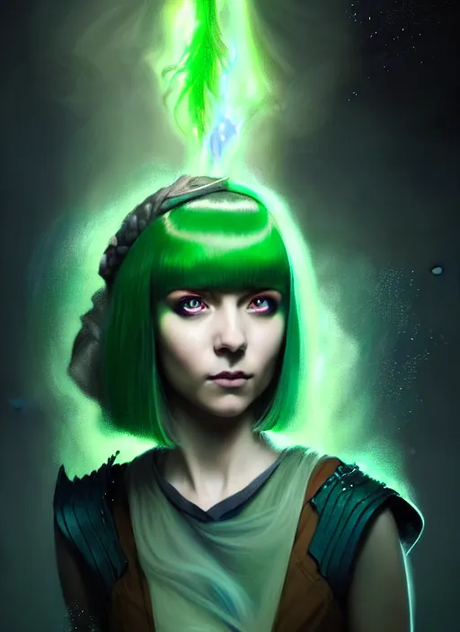 Image similar to Portrait of young female sorcerer, D&D fantasy, her hair is green and styled in a Bob Cut, magic particles flutter in the air, she has a distant expression, and is wearing a shirt and vest, intricate, highly detailed, digital painting, artstation, concept art, sharp focus, illustration, art by greg rutkowski and Ross Tran