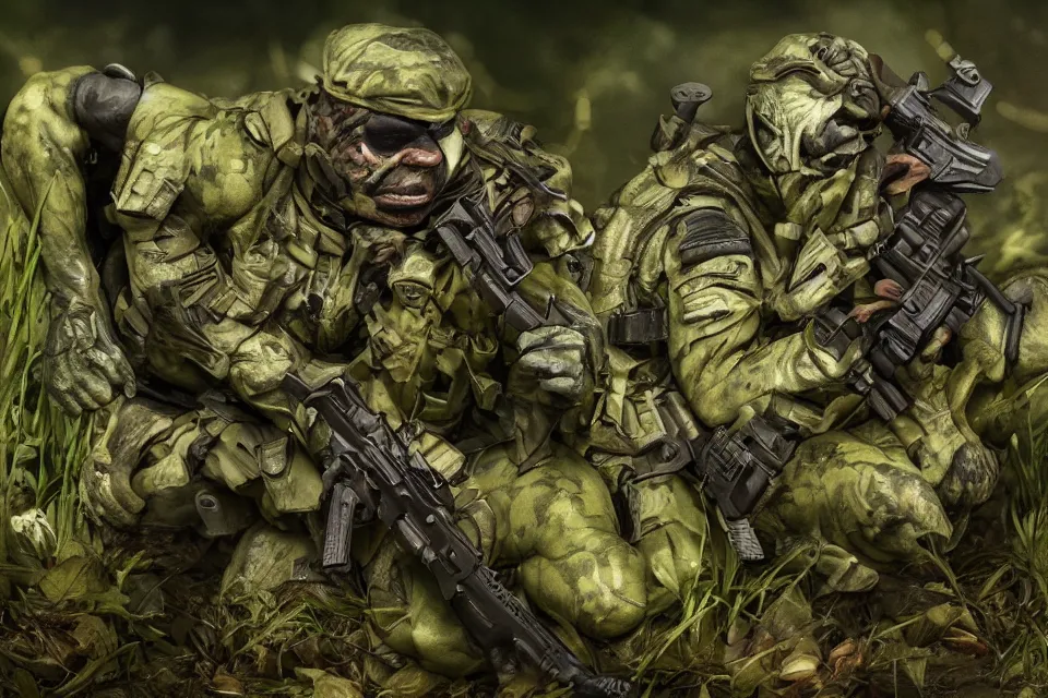 Prompt: muscular frog soldier holding a gun going to war in a swamp, 4k photography