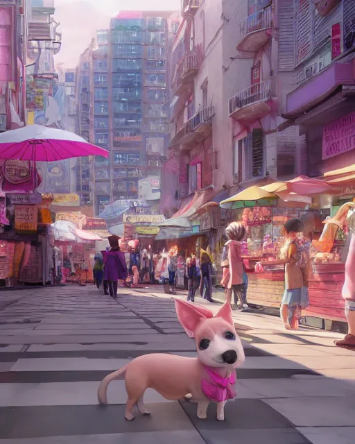 Prompt: a tiny dog with pink fur walking through a crowded street filled with bodegas and food vendors, kids playing checkers, Anime. Soft lighting, 8K, octane render. By Makoto Shinkai, Stanley Artgerm Lau, WLOP, Rossdraws, James Jean, Andrei Riabovitchev, Marc Simonetti, krenz cushart, Sakimichan, D&D trending on ArtStation, digital art.