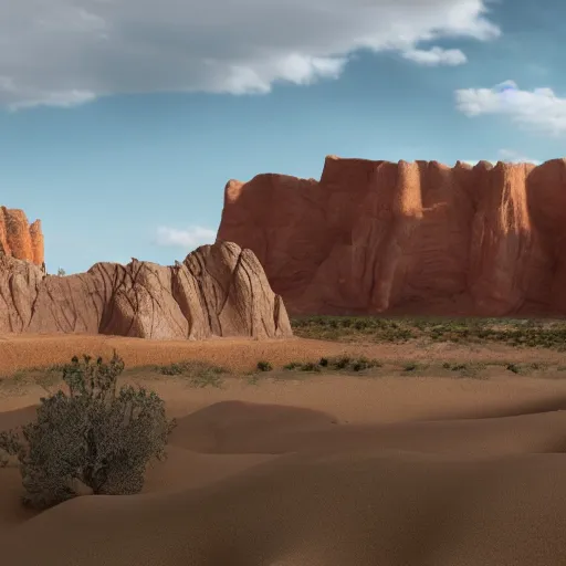 Prompt: desert mesa, geological layers, sandstone cliffs, high definition hyperrealistic fantasy landscape, 8 k movie concept art, photorealism