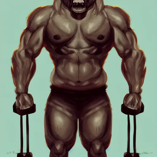 Image similar to a humanoid german shepherd beast - man, wearing gym suit, trains in the gym, artstation, concept art, smooth, sharp foccus ilustration, artstation