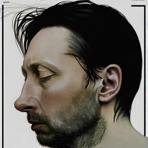 Image similar to hyper realistic portrait of cleanshaven thom yorke short haired variations singer songwriter ok computer, ( side ) profile, liminal space, by lee bermejo, alphonse mucha and greg rutkowski