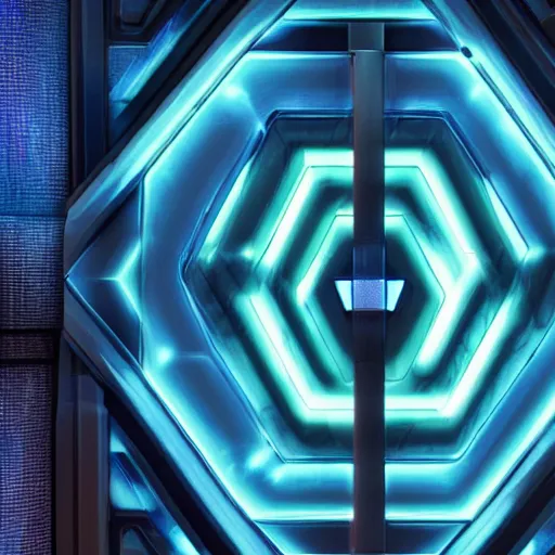 Image similar to a blue hexagonal door from the movie tron : legacy