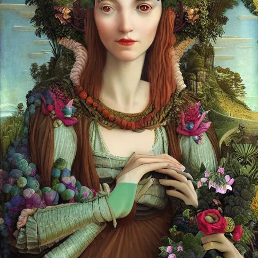 Image similar to a detailed portrait of young woman in renaissance dress and a surreal renaissance headdress, very surreal garden, cyberpunk, surreal tea party, strange creatures, by christian schloe and botticelli, naotto hattori, amy sol, roger dean, moody colors