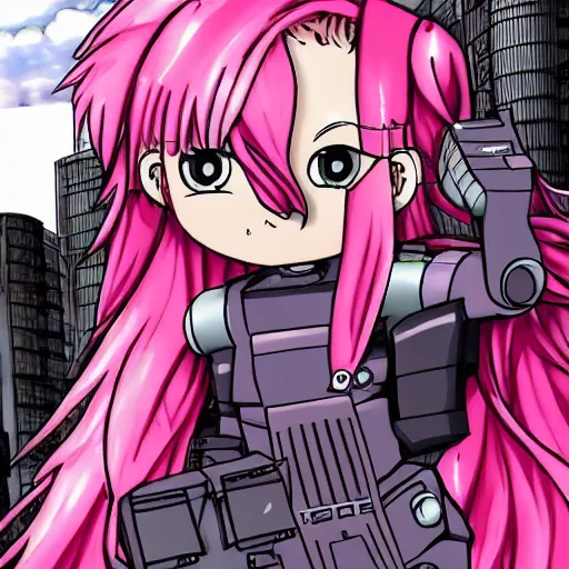 Image similar to pink haired child posing atop a giant robot, anya, spy x family manga, anime, by tatsuya endo