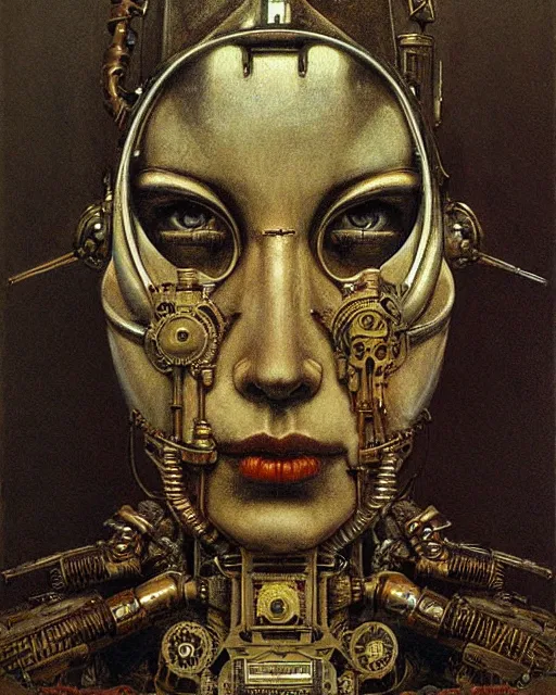 Prompt: steampunk portrait of an old cyborg queen victoria by beksinski