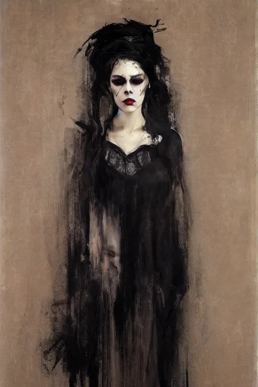 Image similar to Richard Schmid and Jeremy Lipking and Antonio Rotta full length portrait painting of a young beautiful goth punk rock priestess woman