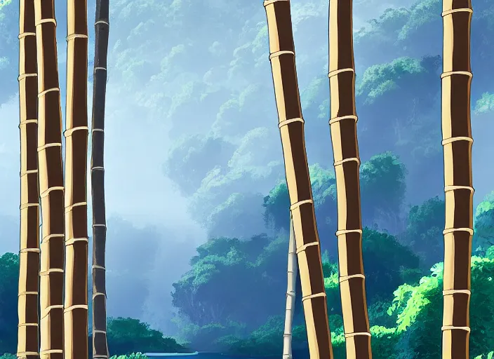 Prompt: misty japanese bamboo forest, lake, waterfall!!!!!, large rocky mountain, rule of thirds, sunny, cartoony, stylized anime, sun rays, soft, by hayao miyazaki, ghibli studio, makoto shinkai, toei animation, studio trigger, trending on artstation, 4 k, hd