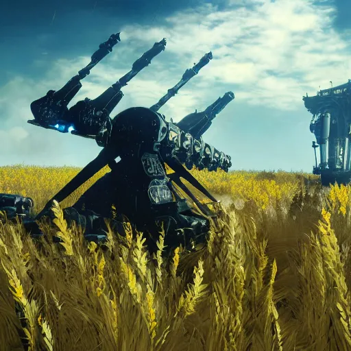 Image similar to a high resolution very detailed image of russian tank final boss battle from nier : automata in yellow rye field under pure blue skies