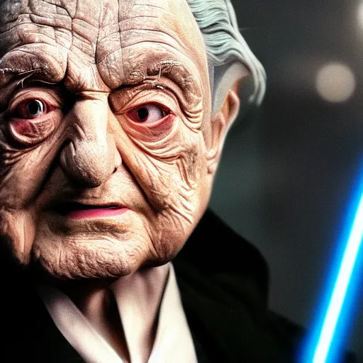 Image similar to Portrait of George Soros as darth sidious from starwars, splash art, movie still, cinematic lighting, dramatic, octane render, long lens, shallow depth of field, bokeh, anamorphic lens flare, 8k, hyper detailed, 35mm film grain