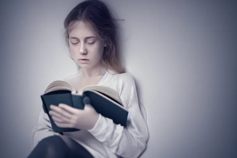 Image similar to an ultra realistic, cinematic, headshot portrait, of a girl reading a book, facial features, detailed, deep focus, movie still, dramatic lighting, ray tracing, by michal karcz and yoshitaka amano