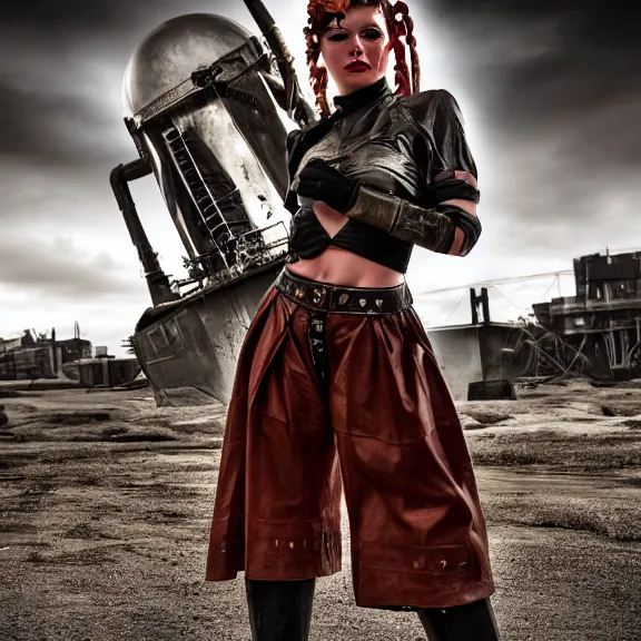 Image similar to full length photo of a very beautiful female atompunk warrior, 8 k, hdr, smooth, sharp focus, high resolution, award - winning photo