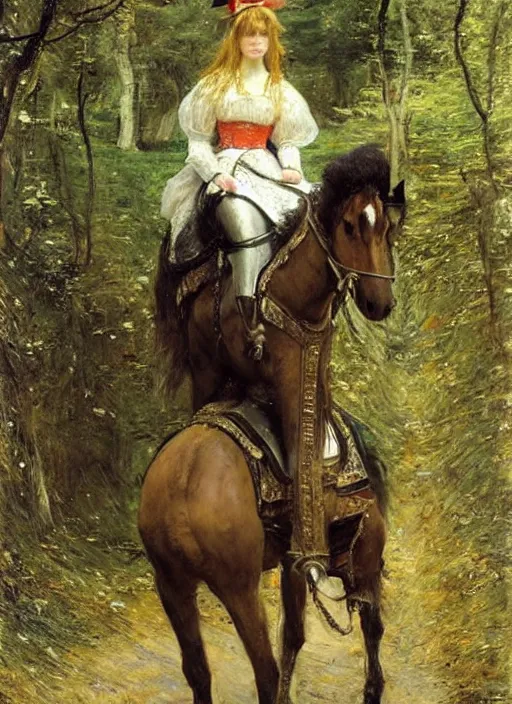 Image similar to a princess with long hair and a tall cone hat riding on a robotic horse in a lush forest, oil painting by john everett millais